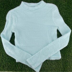 Anthropologie Tiffany Blue Mockneck Polymide Fuzzy Long Sleeve Sweater Top